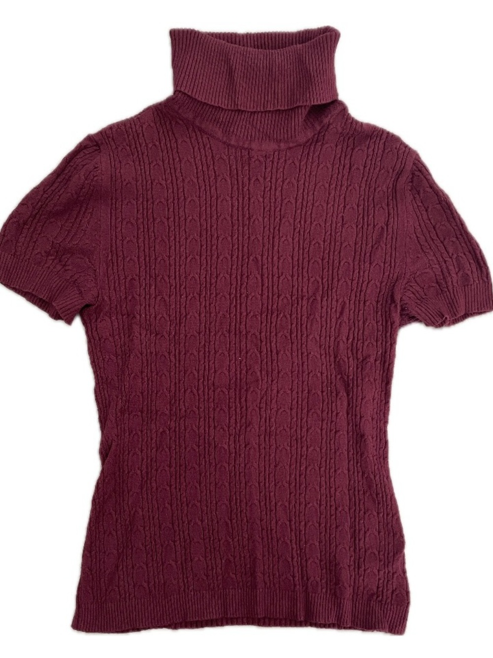 ✰ Women's Cable Knit Burgundy Short-Sleeve Turtleneck Sweater ✰